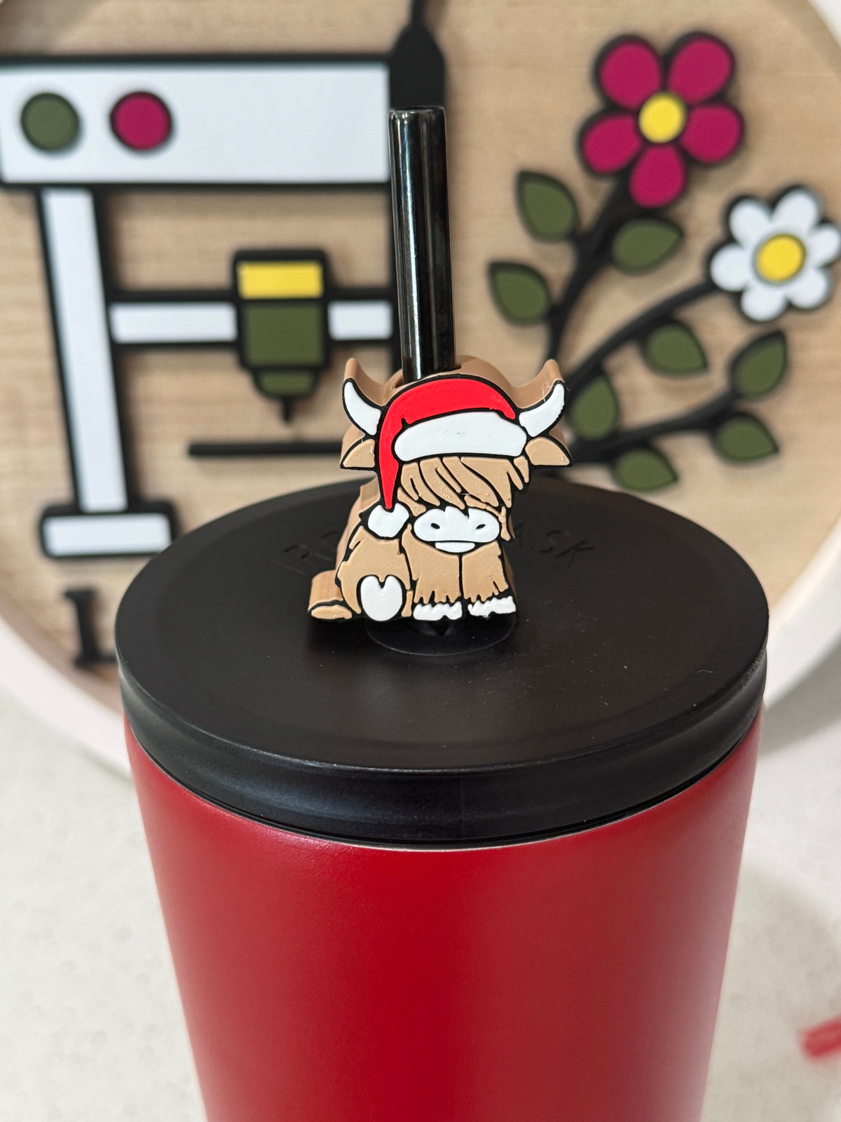 Highland Cow Santa Hat Straw Charm